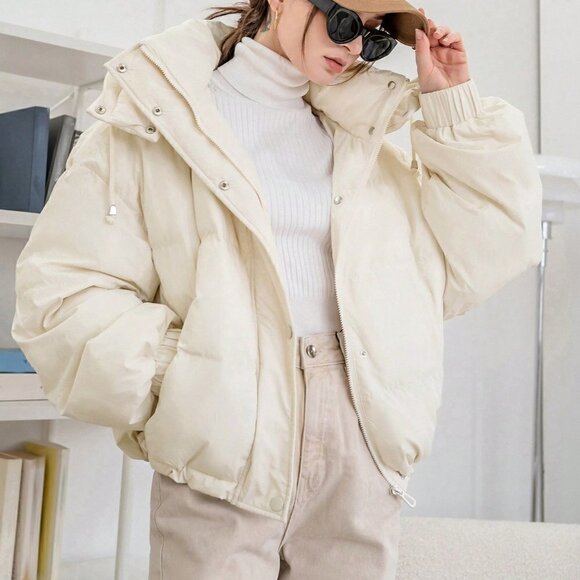 Beige Casual Womens Drawstring Hooded Puffer Coat - Picture 5 of 5